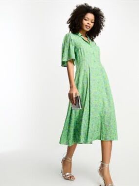 Yas ASOS Angeles Green Seashell Button-Front Midi Dress Medium M